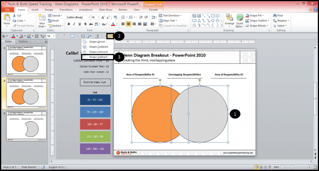 Select both of the circles of your venn diagram in PowerPoint and from the merge shapes tool, select subtractt