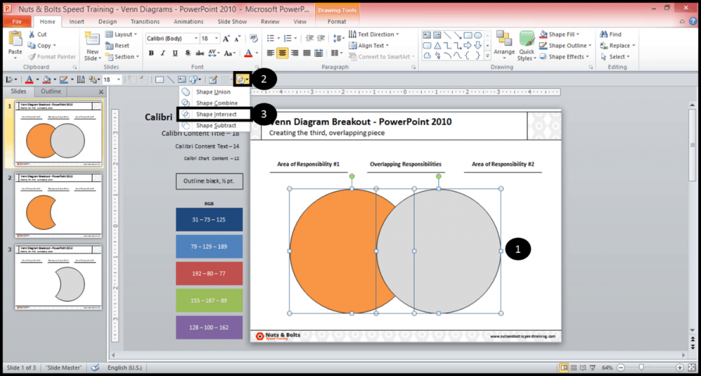 Select both of the circles of your venn diagram in PowerPoint, then use the combine shapes tool and select shape intersect