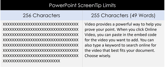 ScreenTips are limited to 256 characters in PowerPoint, which is the equivalent of about 49 words