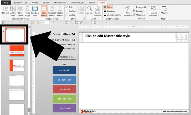 Example of the Parent Slide (the larger slide) in the Slide Master View of PowerPoint