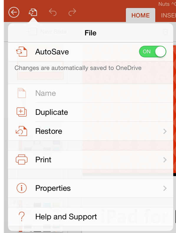 PowerPoint for iPad Navigation File Menu Options