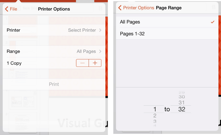 PowerPoint for iPad Navigation File Menu Print Options