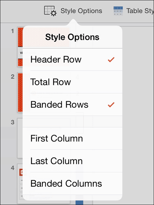 PowerPoint for iPad Table Tab #1 Table Styles Options