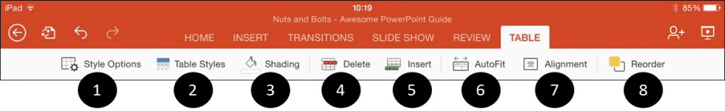 PowerPoint for iPad Table Tab Icons