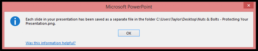 A dialog box confirms that the PowerPoint to picture process is complete