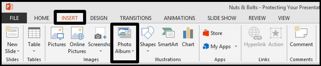 Inside of PowerPoint, click the insert tab and select the photo album command