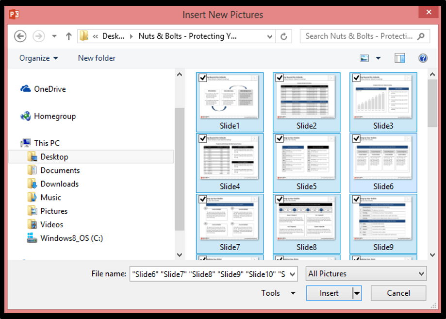 Select all of the PowerPoint slides as pictures that you want to insert into your presentation