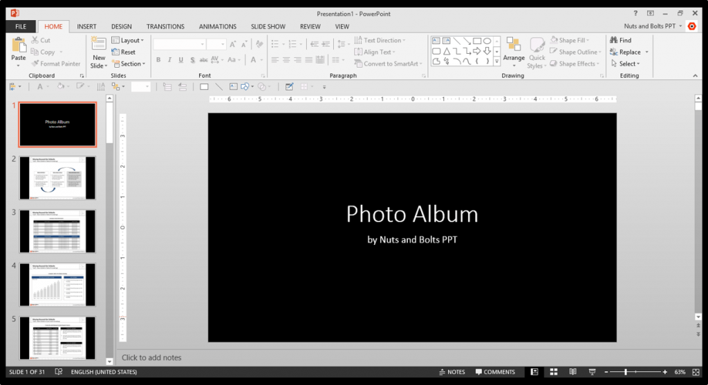 The first slide in a photo album in PowerPoint is always blank, so make sure you delete this blank slide