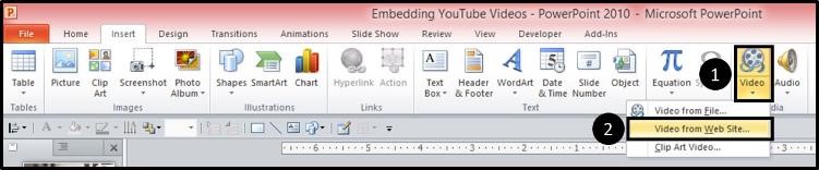 In PowerPoint 2010, you want to select the insert tab, click the video drop down and select video from website