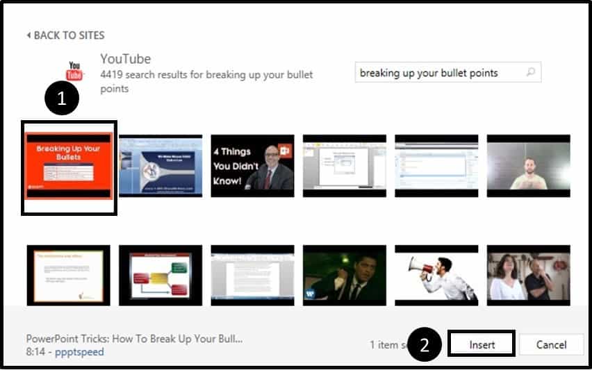 In the YouTube dialog box select the video that you want to embed in PowerPoint and click insert