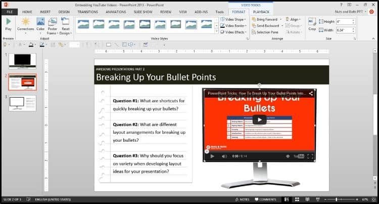 Example of an embedded video in PowerPoint that has been resized to fit a picture of a computer monitor