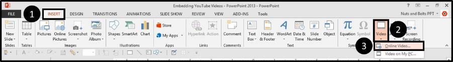 To embed an online video PowerPoint click the insert tab, open the video drop down and select online video