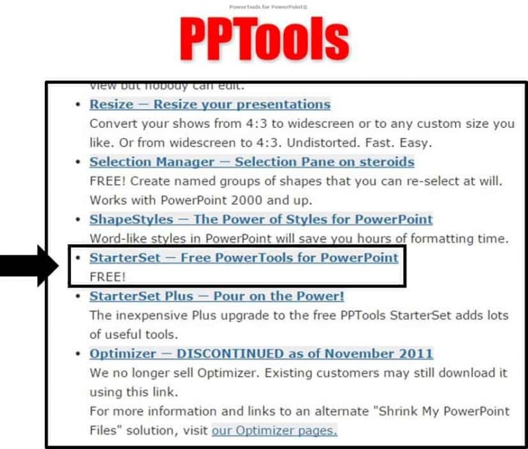 To download the hammer tool, select the StarterSet Free PowerTools for PowerPoint option
