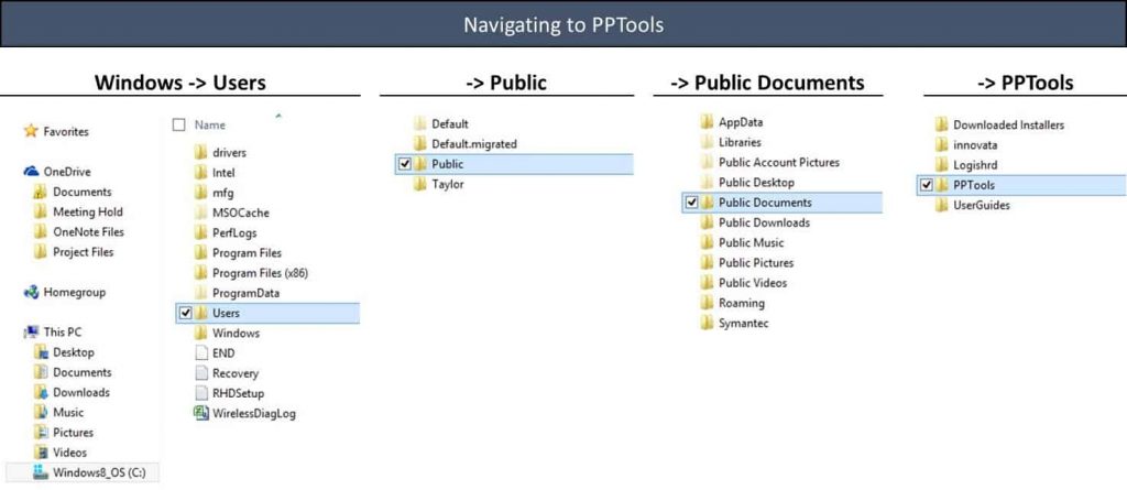 To navigate to the PPTools options on your computer, select Users, Public, Public Documents and then PPTools