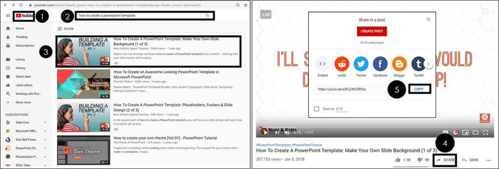 Navigate to YouTube, find the video you want to embed in PowerPoint, open the video, and select share at the bottom of the YouTube video