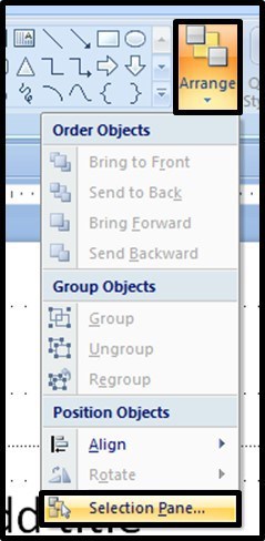 Navigating to the selection pane in PowerPoint 2007, the command is at the bottom of the Arrange Tool
