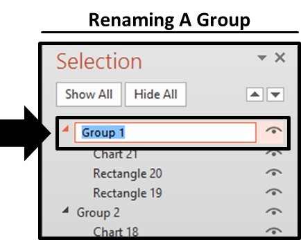 Double click into a group name in the selection pane to rename the group