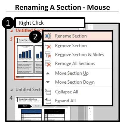 Right click a section title and select Rename Section to rename it
