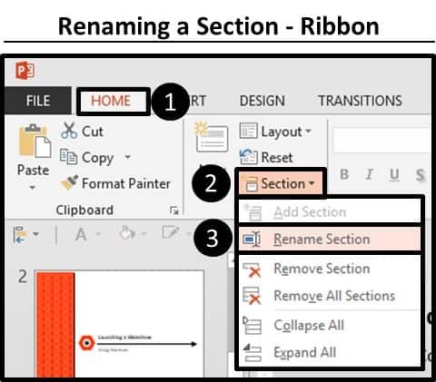 To rename a section from the Ribbon, from the Home tab open the section drop down and select Rename section