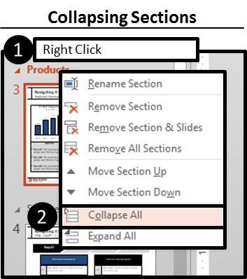 To collapse sections in PowerPoint, right click them and select Collapse All