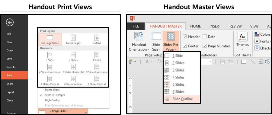 Showing a comparison of the handout views compared to the handout options in the Handout master