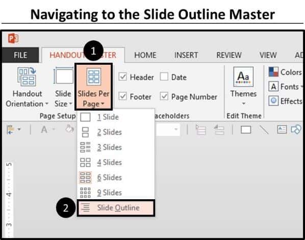 On the handout master, open up the Slide Per Page drop down and select Slide Outline at the bottom