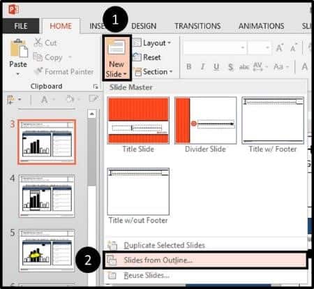 To import an outline from Word, open the New Slide drop down and select Slides from Outline