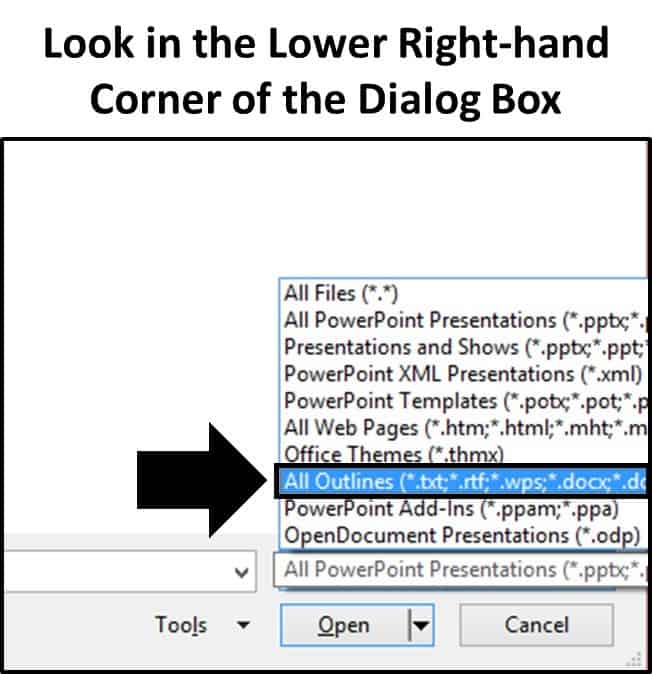 Change the file type you are trying to open from PowerPoint to All Outlines