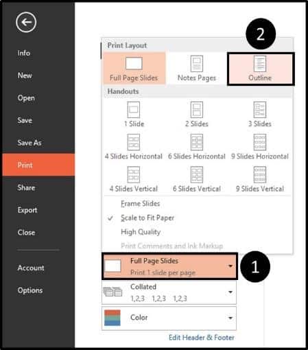 To print your outline, in the print dialog box select your print layout options and select Outline