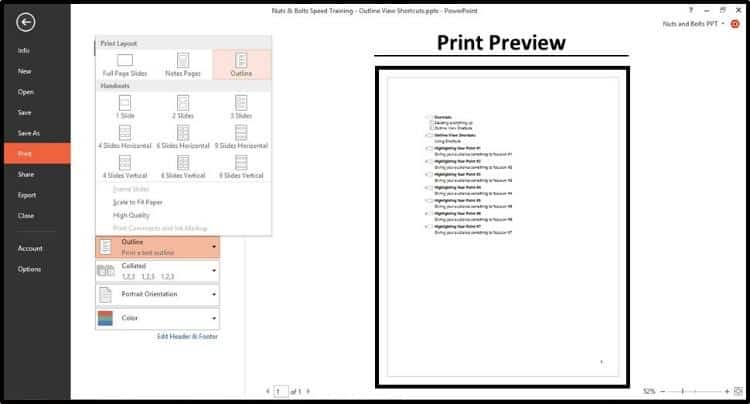 An example of a preview of your outline after you select it in the print dialog box