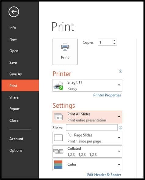 Navigate to the print dialog box in PowerPoint, control plus P on your keyboard