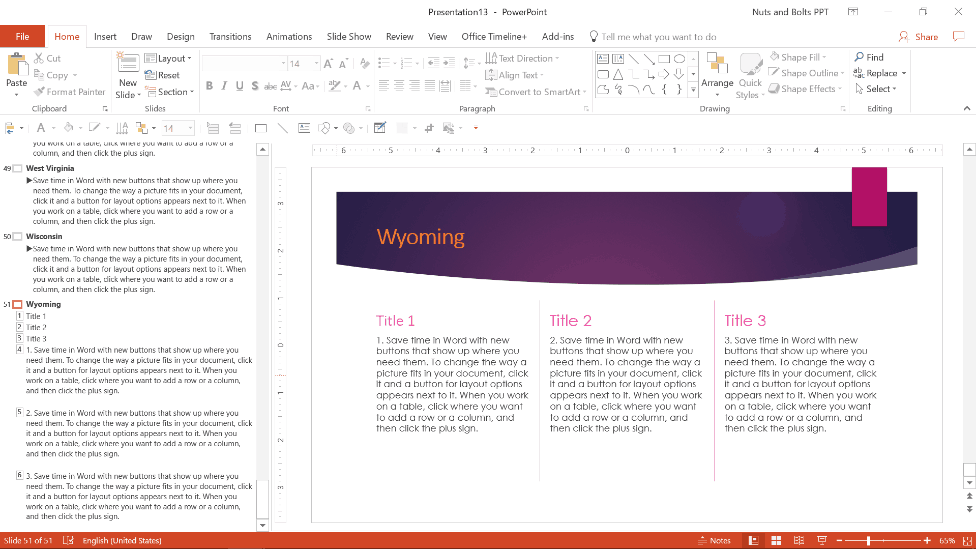 Example of how the content in your PowerPoint placeholders displays in the Outline View of powerpoint