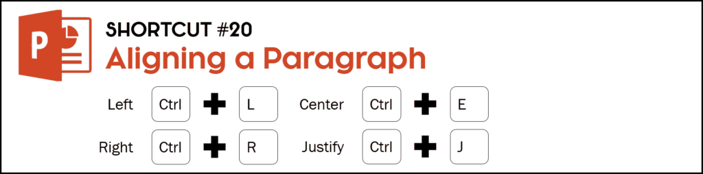 When you need to align text in a shape or text box, hit Control plus the L key or left alignment, Control plus the R key to right alignment, Control plus the E key to center align and Control plus the J key to for justify alignment