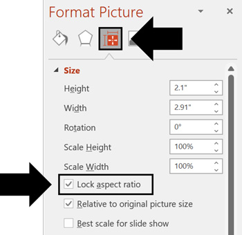 Inside the Format picture dialog box, select size and properties and then click Lock aspect ratio