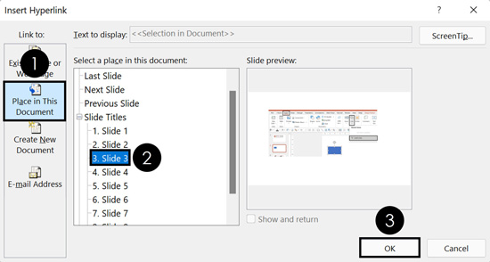 The Insert Hyperlink dialog box is where you control the destination of your hyperlinks in PowerPoint