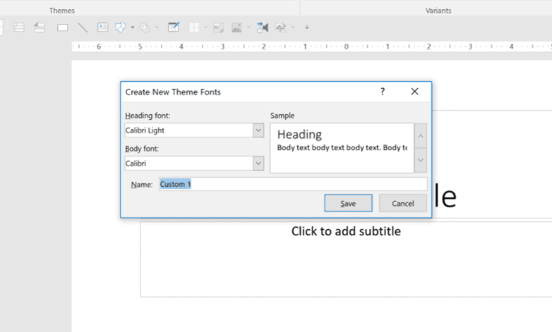 In the Create New Theme Font dialog box, select a Heading font and Body font to create your own unique combination
