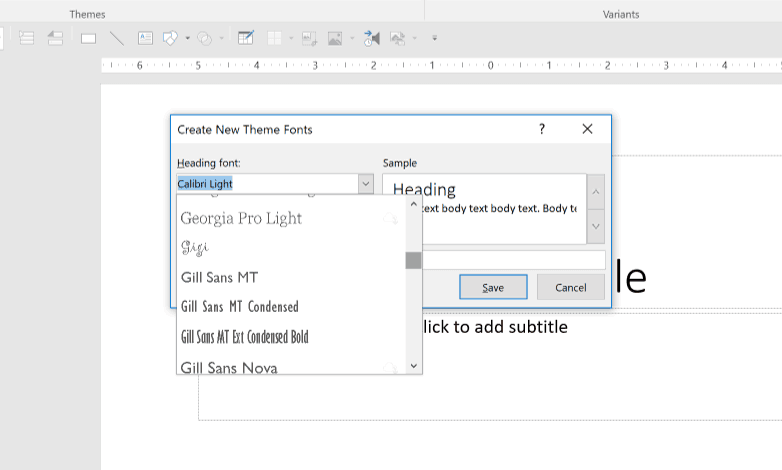 Using the drop downs in the Create New Theme Fonts dialog box to select a new font style