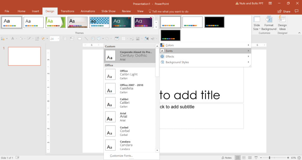 Opening the fonts options in PowerPoint