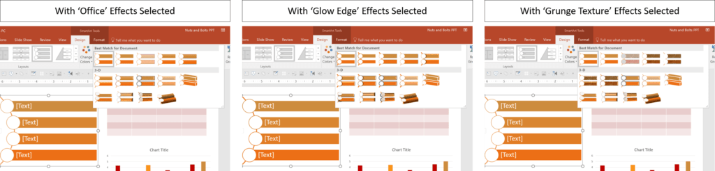Comparison of object formatting between the Office Effects, Glow Edge effect and Grunge Texture effect as part of a PowerPoint theme