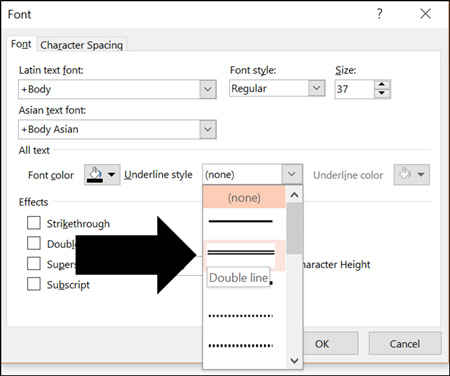 Inside the font dialog box, open the underline styles option and select Double line to create the double underline effect