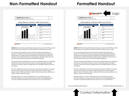 Example comparing non-formatted PowerPoint handouts with formatted handouts that include a company logo, email address and website address