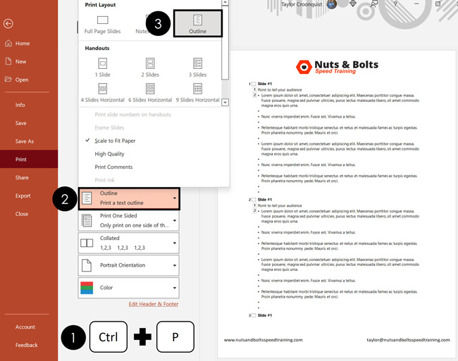 In the PowerPoint print options, select the Outline layout style to print your PowerPoint outline