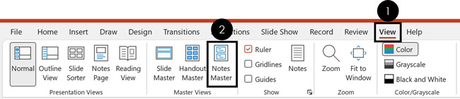 To open the notes master in PowerPoint, click the view tab and select Notes Master