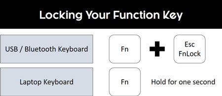 Hi the Fn plus FnLock key on your keyboard or hold down the Fn key to lock your function key