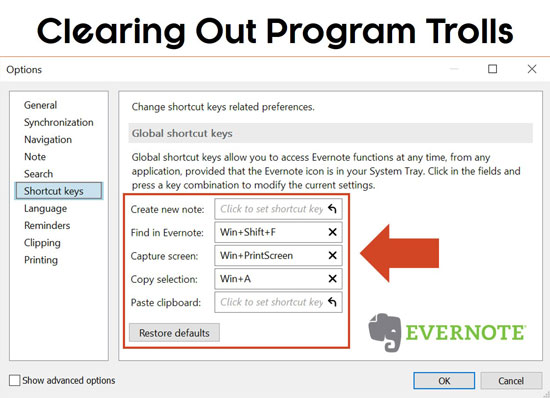 Example removing shortcuts from Evernote to fix your broken keyboard shortcuts