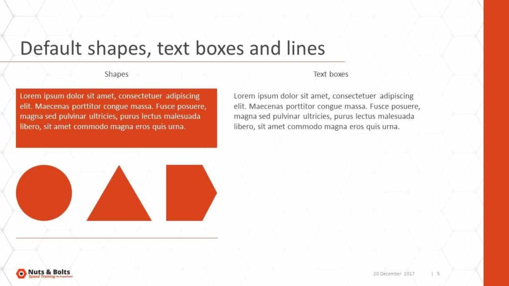 Example of a default shape, text box, and line in PowerPoint