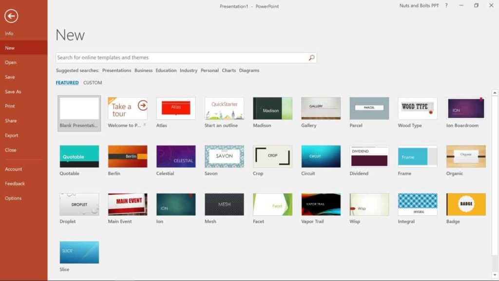 Examples of the features Microsoft PowerPoint templates when you click the New button in the file tab