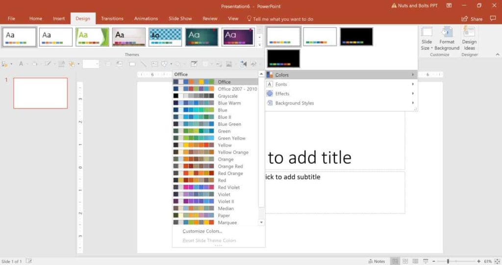 From the Design tab, open up the More options for the variants group to see the different color options you have for your PowerPoint theme