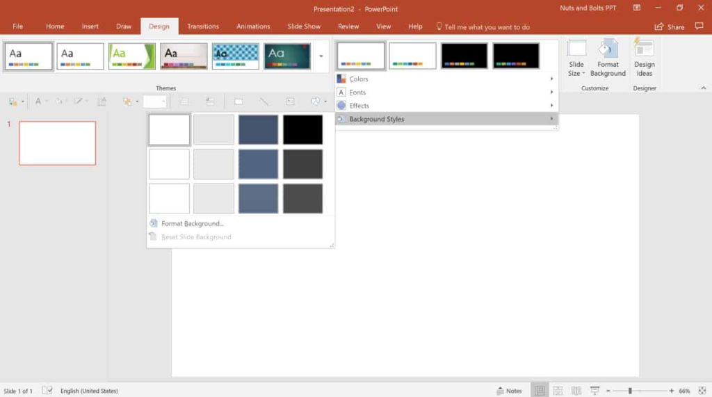 From the design tab, you can change your PowerPoint background styles using the Backgrounds Styles gallery