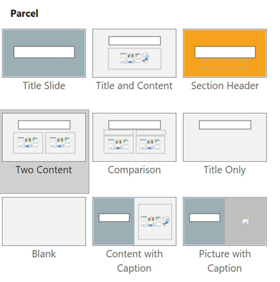 Examples of the different powerpoint slide layouts included with the Parcel powerpoint template